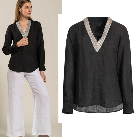 120% LINO Long Sleeve Blouse V-Neck Sequin Embellished Popover Linen Shirt NEW - Picture 8 of 14